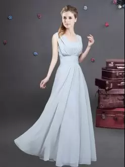 Enchanting Grey Bridesmaids Dress Prom and Party and Wedding Party with Ruching Square Sleeveless Zipper
