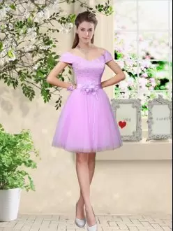 Flare Cap Sleeves Knee Length Lace and Belt Lace Up Bridesmaid Dress with Lilac