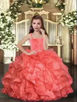 High End Floor Length Coral Red Little Girls Pageant Dress Wholesale Organza Sleeveless Ruffles