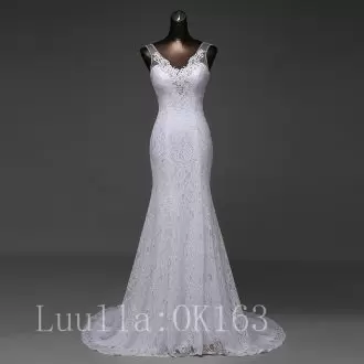 Sleeveless Beading and Lace Lace Up Wedding Dress with White Brush Train