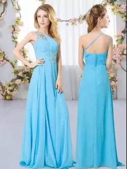 Aqua Blue Sleeveless Floor Length Beading Zipper Wedding Party Dress One Shoulder