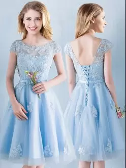 Light Blue A-line Appliques and Bowknot Bridesmaid Gown Lace Up Tulle Short Sleeves Knee Length
