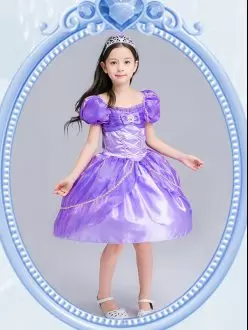 Lavender Short Sleeves Knee Length Beading and Bowknot Side Zipper Flower Girl Dress Square