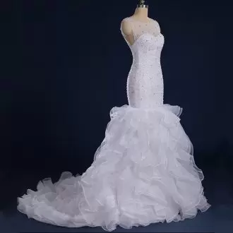 Custom Fit Mermaid Sleeveless White Bridal Gown Sweep Train Clasp Handle