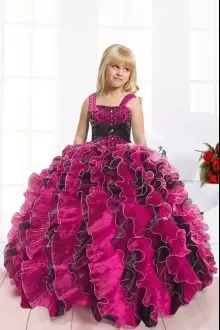 Sweet Beading and Ruffles Pageant Dress for Womens Black and Hot Pink Lace Up Sleeveless Floor Length