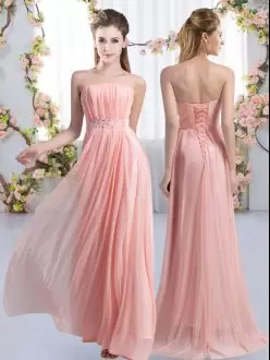 Strapless Sleeveless Dama Dress for Quinceanera Sweep Train Beading Pink Chiffon