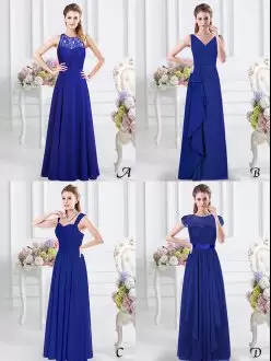 Exceptional Lace and Ruffles and Ruching Bridesmaids Dress Royal Blue Zipper Sleeveless Floor Length