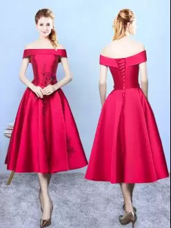 Tea Length A-line Cap Sleeves Wine Red Bridesmaid Dress Lace Up