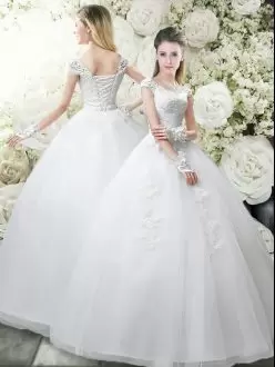 White Wedding Dress Wedding Party with Appliques Scoop Cap Sleeves Lace Up