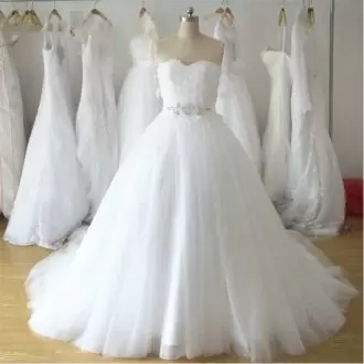Edgy Tulle Sweetheart Sleeveless Sweep Train Lace Up Beading Wedding Gowns in White