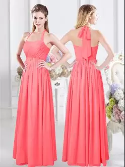 Ideal Floor Length Watermelon Red Bridesmaids Dress Halter Top Sleeveless Zipper