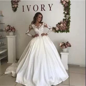 Glorious White Ball Gowns Satin Asymmetric Long Sleeves Lace Clasp Handle Wedding Gown Chapel Train