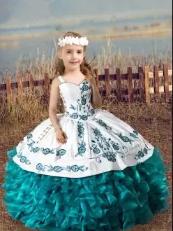 Attractive Teal Organza Lace Up Straps Sleeveless Floor Length Kids Formal Wear Embroidery and Ruffles