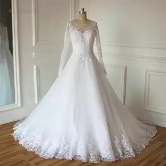 Clearance White A-line Appliques Wedding Dresses Zipper Tulle Long Sleeves