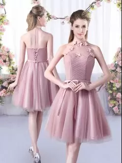 Pink Tulle Lace Up Halter Top Sleeveless Knee Length Bridesmaid Gown Appliques and Belt