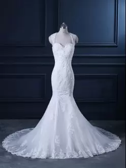 Fancy White Backless Straps Beading and Lace Wedding Dress Tulle Sleeveless Brush Train