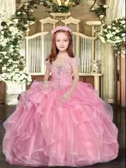 Beautiful Baby Pink Sleeveless Floor Length Beading Lace Up Kids Pageant Dress Straps