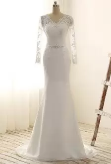 White Wedding Dresses Wedding Party with Beading and Lace and Belt V-neck Sleeveless Brush Train Clasp Handle