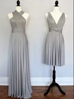 Grey Lace Up Quinceanera Dama Dress Ruching Sleeveless Floor Length
