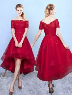 Edgy Short Sleeves High Low Appliques Lace Up Wedding Guest Dresses with Wine Red