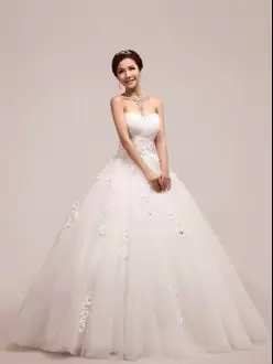Tulle Sleeveless Floor Length Bridal Gown and Appliques and Ruching and Hand Made Flower
