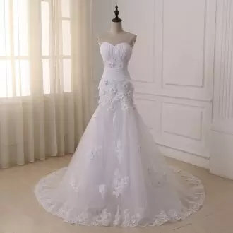 Vintage White Sleeveless Tulle Brush Train Lace Up Wedding Dresses for Wedding Party