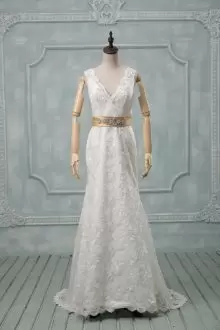 White Column/Sheath Beading and Lace and Belt Wedding Dress Backless Lace Sleeveless