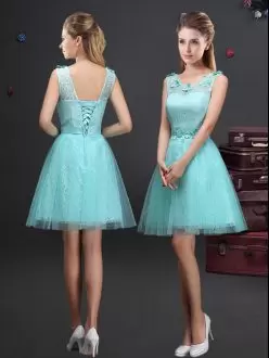Fashionable Lace and Appliques and Belt Vestidos de Damas Aqua Blue Lace Up Sleeveless Mini Length