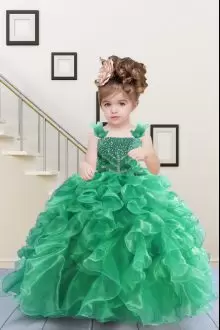 Top Selling Apple Green Straps Neckline Beading and Ruffles Pageant Dress Toddler Sleeveless Lace Up