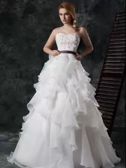 Perfect White Wedding Gown Organza Brush Train Sleeveless Ruffled Layers