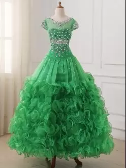 Great Beading and Ruffles Pageant Dress Wholesale Green Lace Up Cap Sleeves Floor Length