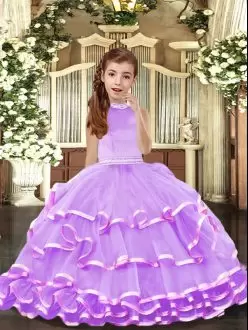 Lavender Sleeveless Beading and Ruffled Layers Floor Length Pageant Dress for Teens