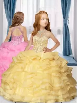 Nice Yellow Lace Up Halter Top Beading and Ruffles Pageant Dress for Girls Tulle Sleeveless