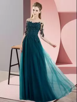 Unique Beading and Lace Wedding Guest Dresses Peacock Green Lace Up Half Sleeves Floor Length