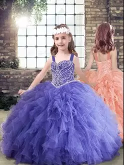 Dazzling Sleeveless Floor Length Beading and Ruffles Lace Up Pageant Dress with Lavender