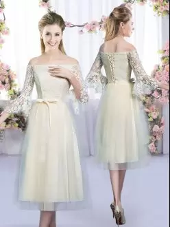 Extravagant Off The Shoulder 3 4 Length Sleeve Lace Up Bridesmaid Dresses Champagne Tulle Lace and Bowknot