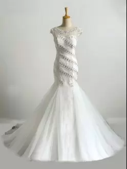 Best Selling White Cap Sleeves Tulle Brush Train Lace Up Wedding Gown for Beach and Wedding Party