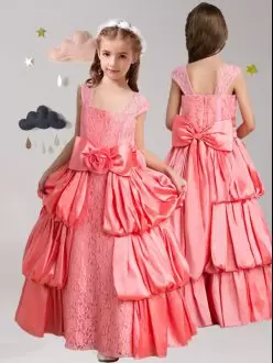 Watermelon Red A-line Straps Cap Sleeves Taffeta and Lace Floor Length Zipper Pick Ups and Bowknot and Hand Made Flower Flower Girl Dresses