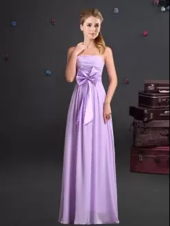 Lavender Chiffon Zipper Bridesmaid Dresses Sleeveless Floor Length Ruching and Bowknot
