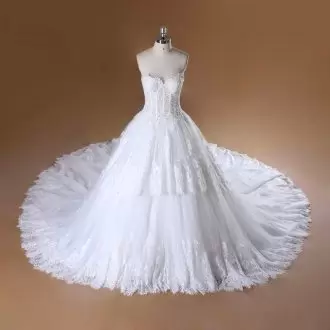 Graceful Court Train A-line Wedding Dresses White Sweetheart Tulle Sleeveless Zipper