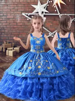 Simple Royal Blue Sleeveless Satin and Organza Lace Up Pageant Dresses for Wedding Party