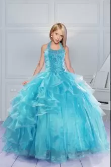 Halter Top Sleeveless Lace Up Pageant Dresses Aqua Blue Organza Beading and Ruffles