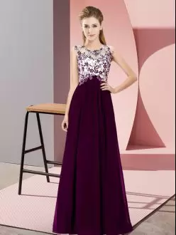New Style Dark Purple Empire Scoop Sleeveless Chiffon Floor Length Zipper Beading and Appliques Damas Dress