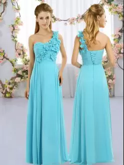 Enchanting Hand Made Flower Bridesmaids Dress Aqua Blue Lace Up Sleeveless Floor Length