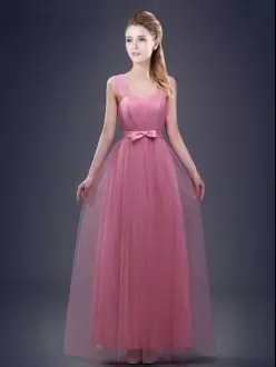 Flare Pink Tulle Lace Up Bridesmaid Dress Sleeveless Floor Length Ruching and Bowknot
