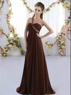 Brown Wedding Guest Dresses One Shoulder Sleeveless Brush Train Lace Up