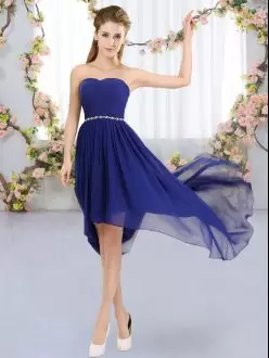 Pretty Royal Blue Strapless Neckline Beading Bridesmaid Gown Sleeveless Lace Up