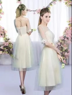 Comfortable Scoop Half Sleeves Wedding Guest Dresses Tea Length Lace and Bowknot Champagne Tulle