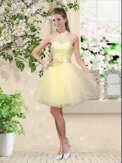 Fashion Light Yellow Sleeveless Tulle Lace Up Bridesmaid Dresses for Prom and Party
