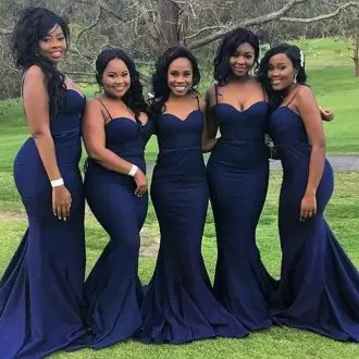 Navy Spaghetti Straps Fitted Mermaid Bridesmaid Dress with Short Train